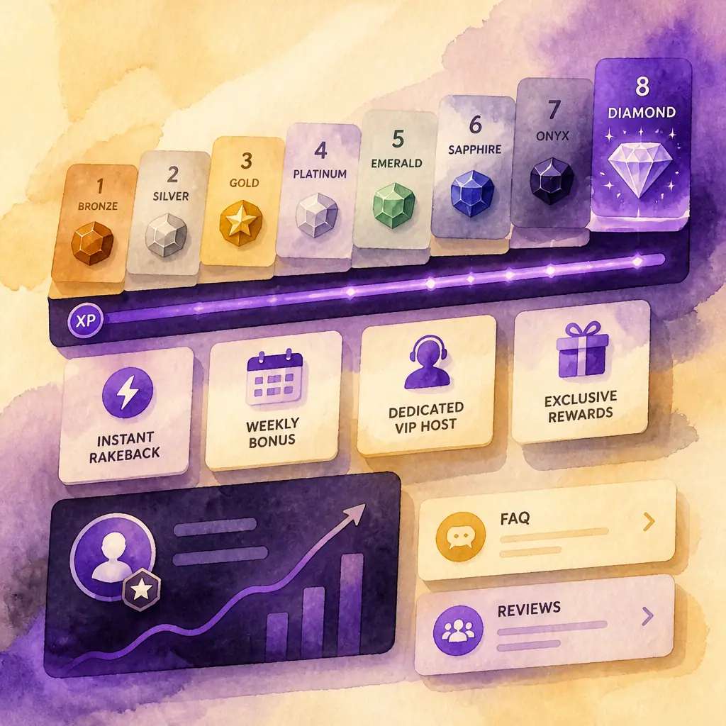 Shuffle VIP Program – 8 szint, Instant Rakeback és exkluzív jutalmak visual guide for Shuffle Casino